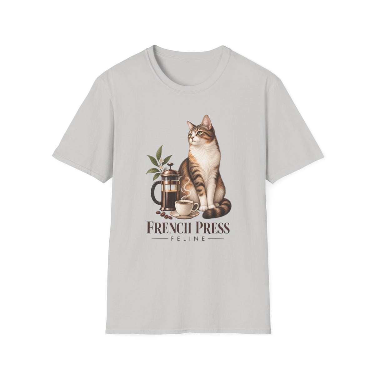 Cat & French Press T-Shirt — Cozy Coffee Lover Cat Tee