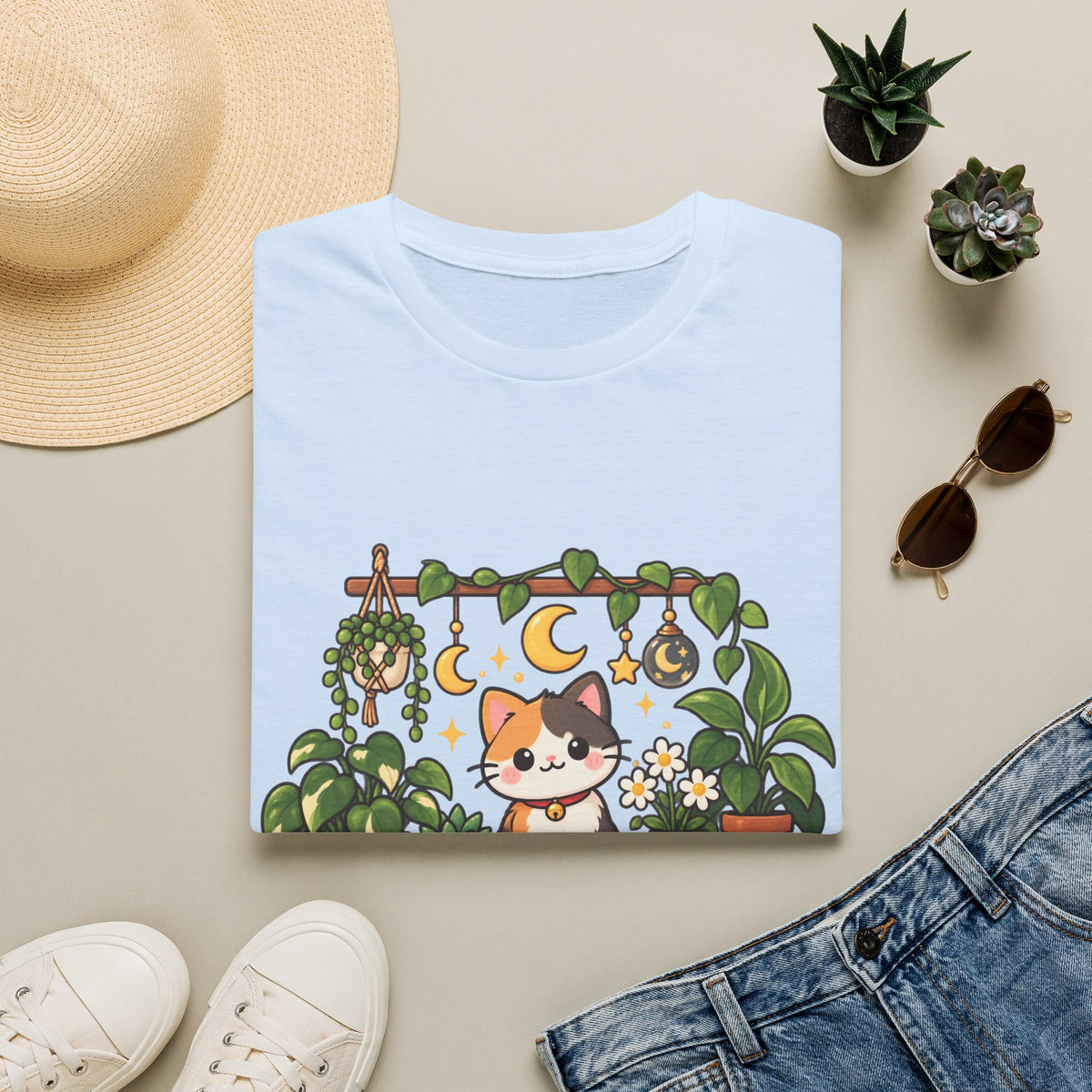 Plant Mom Cat T-Shirt — Calico Cat Among Houseplants with 'Plant Stuff + Gratitude' Design