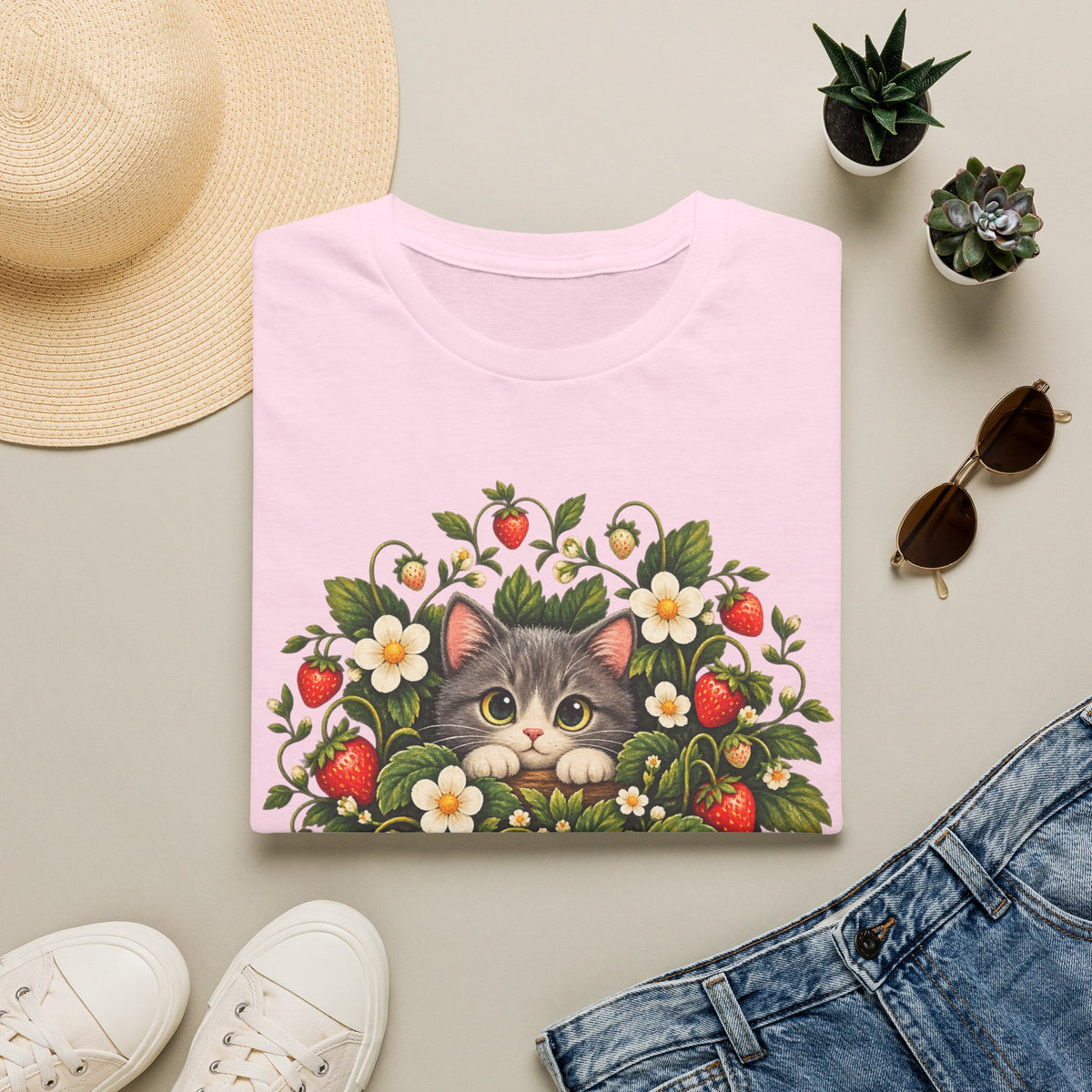 Cat in Strawberry Patch T-Shirt — Cute Floral Kitten Graphic Tee
