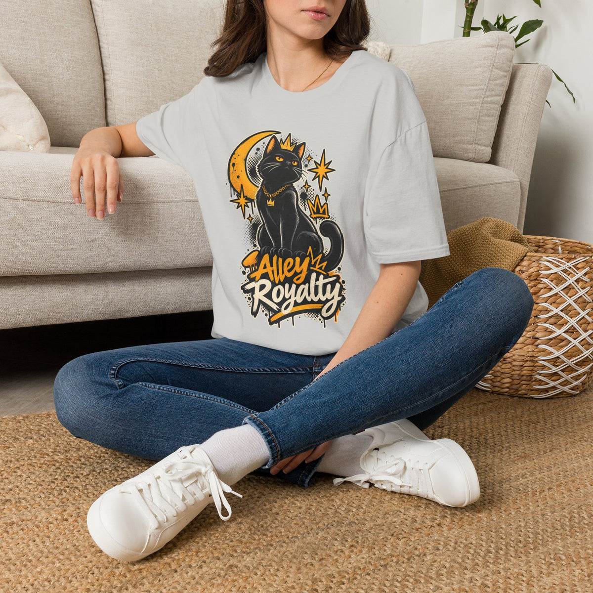 Alley Royalty T-Shirt — Black Cat Crown Moon Graphic Tee