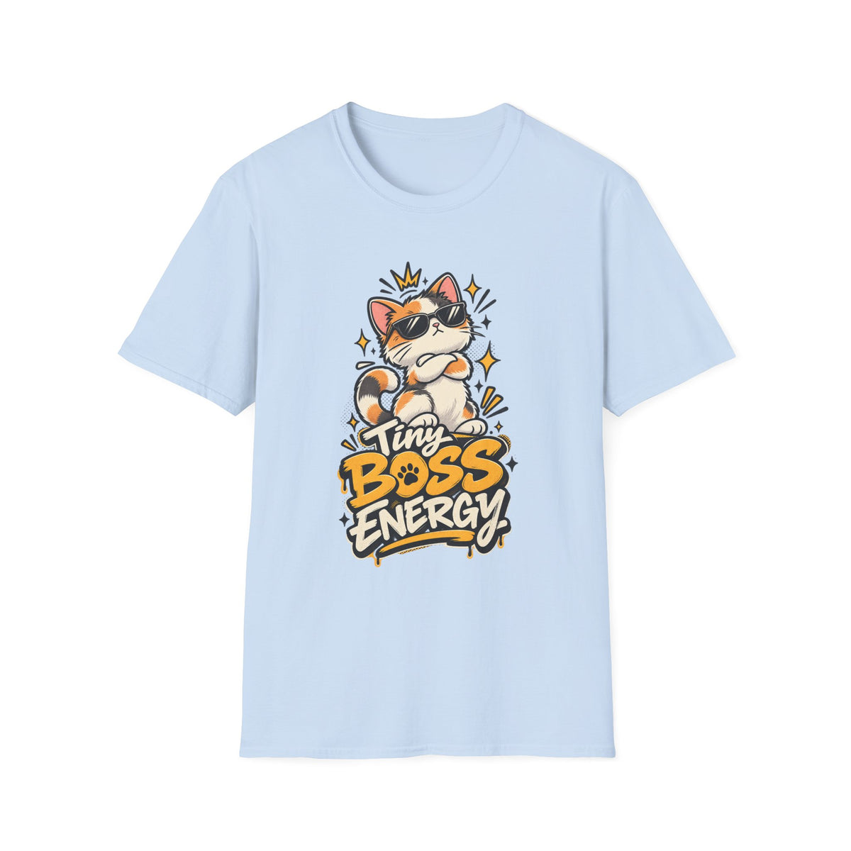 Tiny Boss Energy Cat T-Shirt — Cute Cat with Sunglasses Graphic
