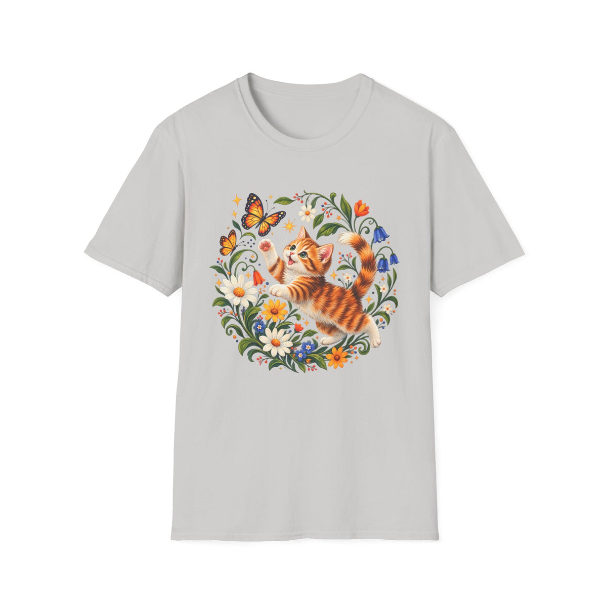 Cat and Butterflies T-Shirt — Whimsical Floral Kitten Tee
