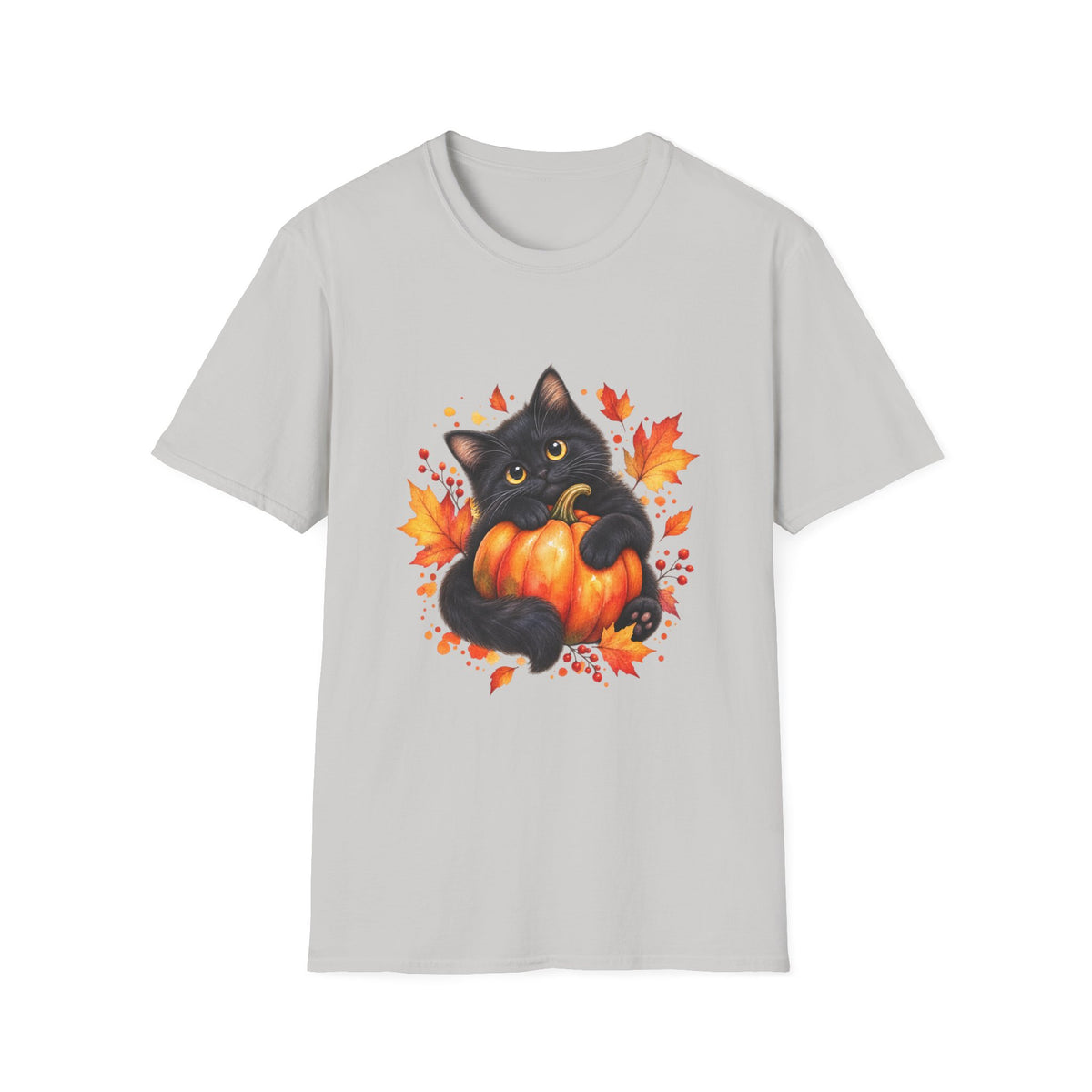 Black Cat Pumpkin T-Shirt — Cute Fall Halloween Tee with Autumn Leaves