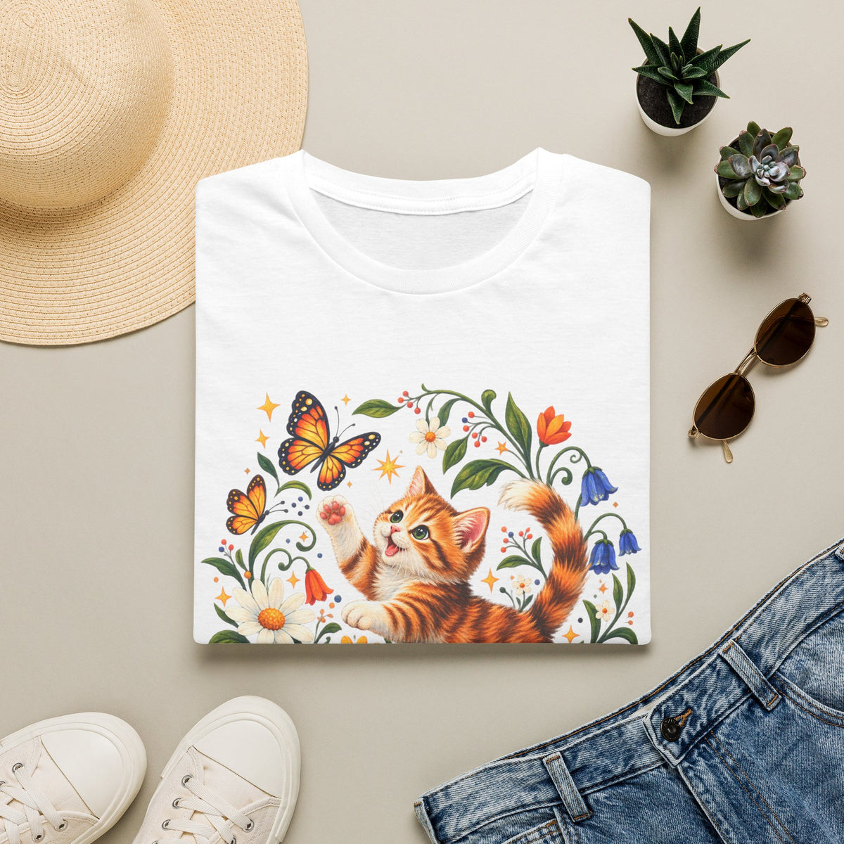 Cat and Butterflies T-Shirt — Whimsical Floral Kitten Tee