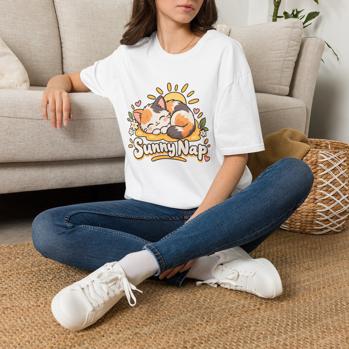 Cat T-Shirt — "Sunny Nap" Calico Cat Graphic Tee