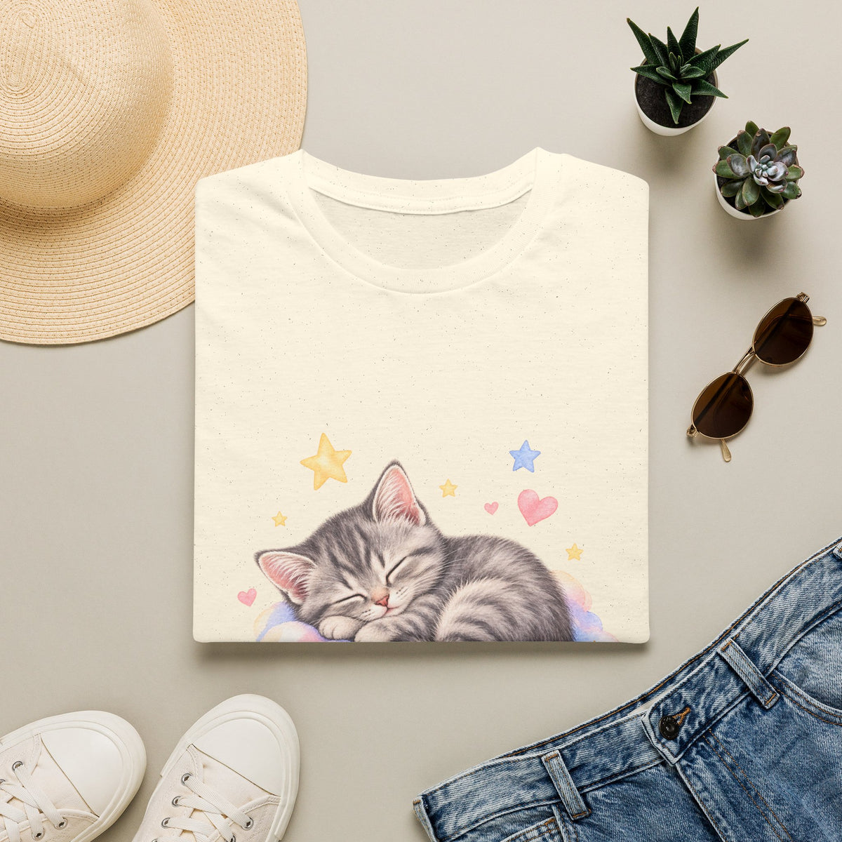 Sleeping Kitten T-Shirt — Cute Pastel Cat on Cloud Tee