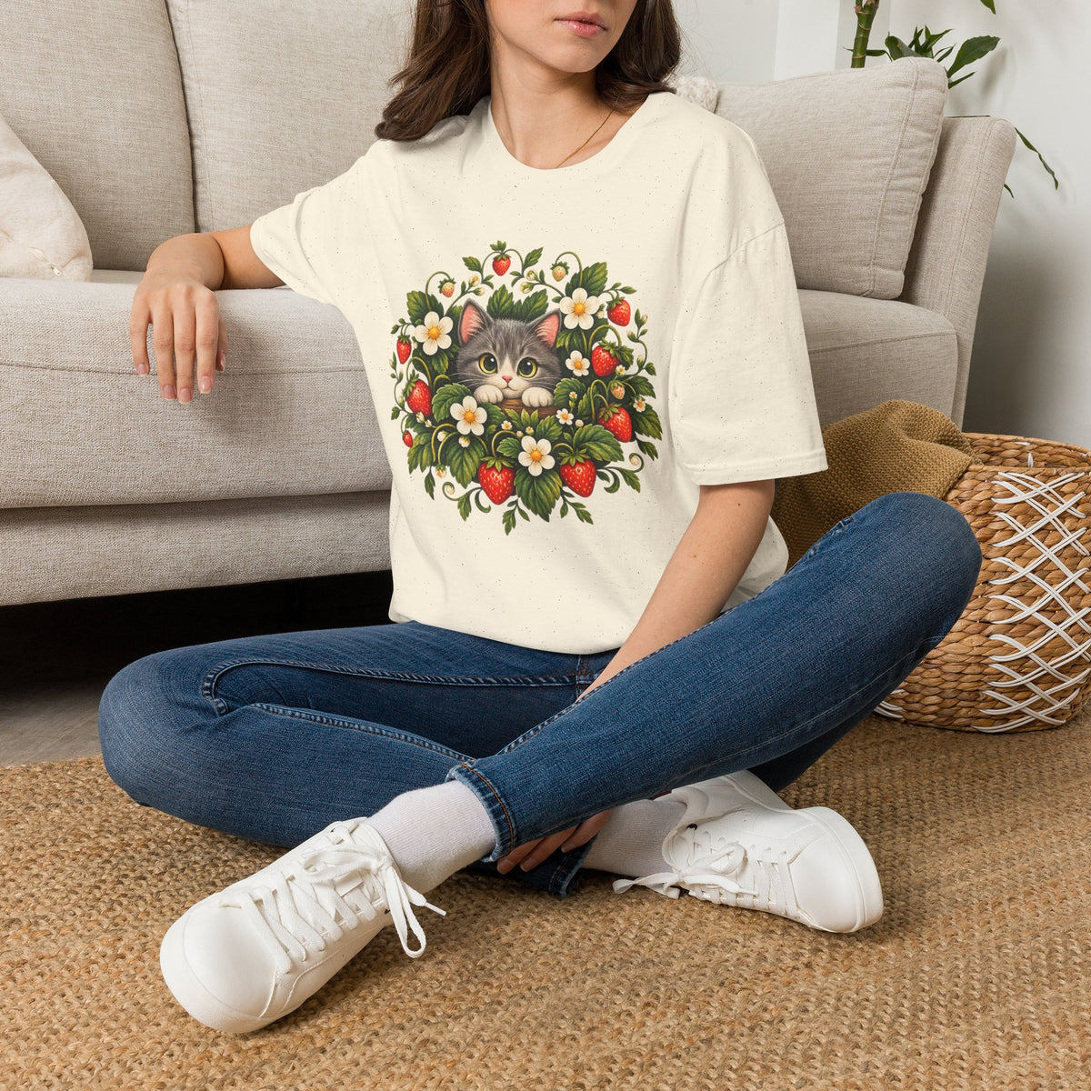 Cat in Strawberry Patch T-Shirt — Cute Floral Kitten Graphic Tee