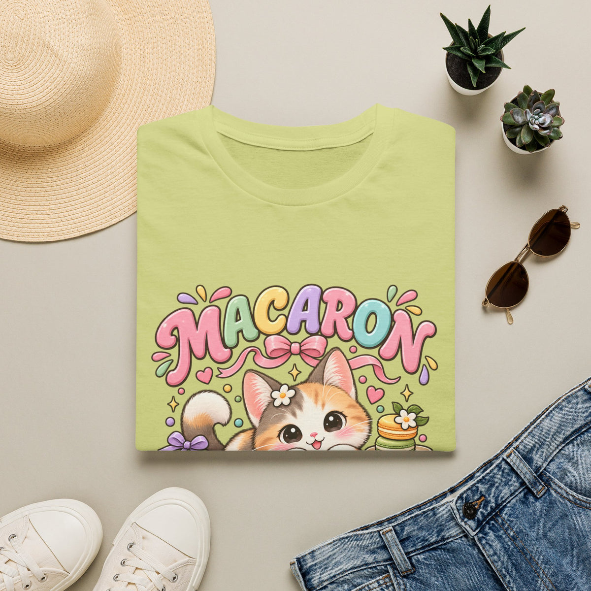 Macaron Mood T‑Shirt — Cute Kawaii Cat with Macarons Graphic