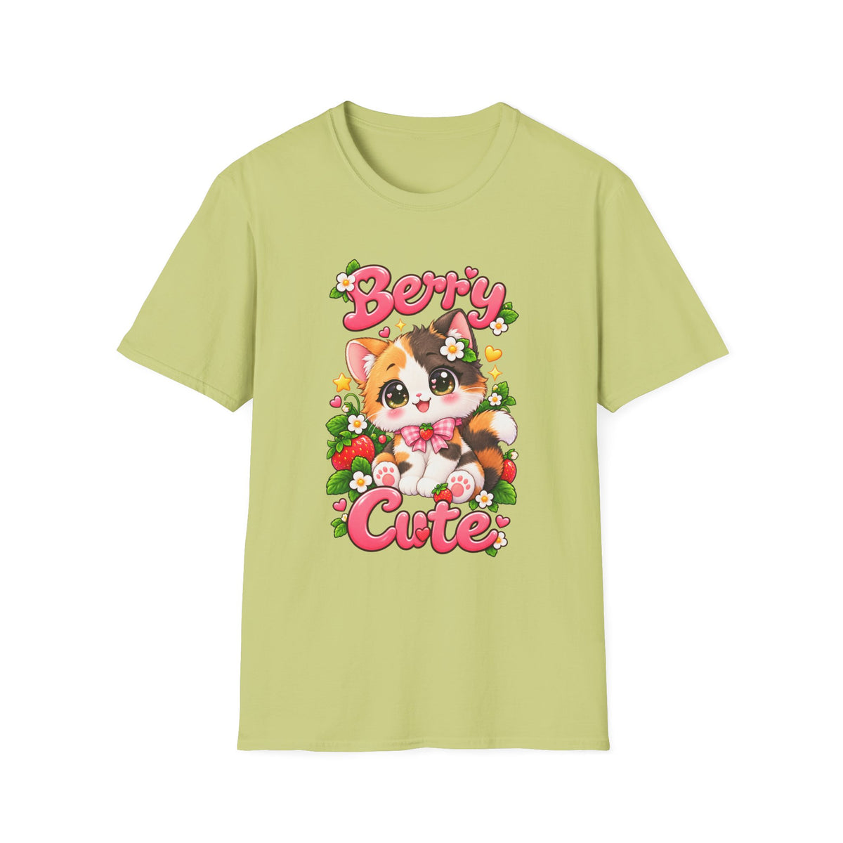 Cute Calico Cat 'Berry Cute' T-Shirt — Kawaii Fruit & Floral Graphic Tee