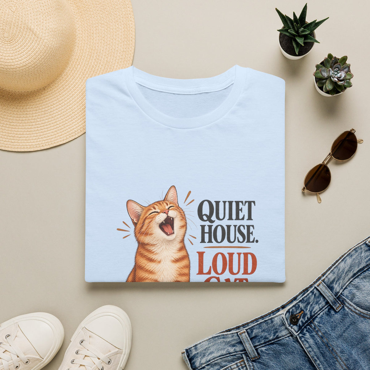 Cat T-Shirt — "Quiet House. Loud Cat." Cute Yawning Tabby Graphic Tee for Cat Lovers