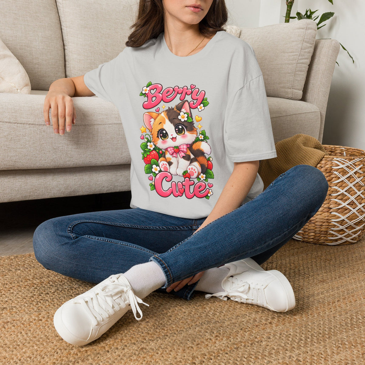 Cute Calico Cat 'Berry Cute' T-Shirt — Kawaii Fruit & Floral Graphic Tee