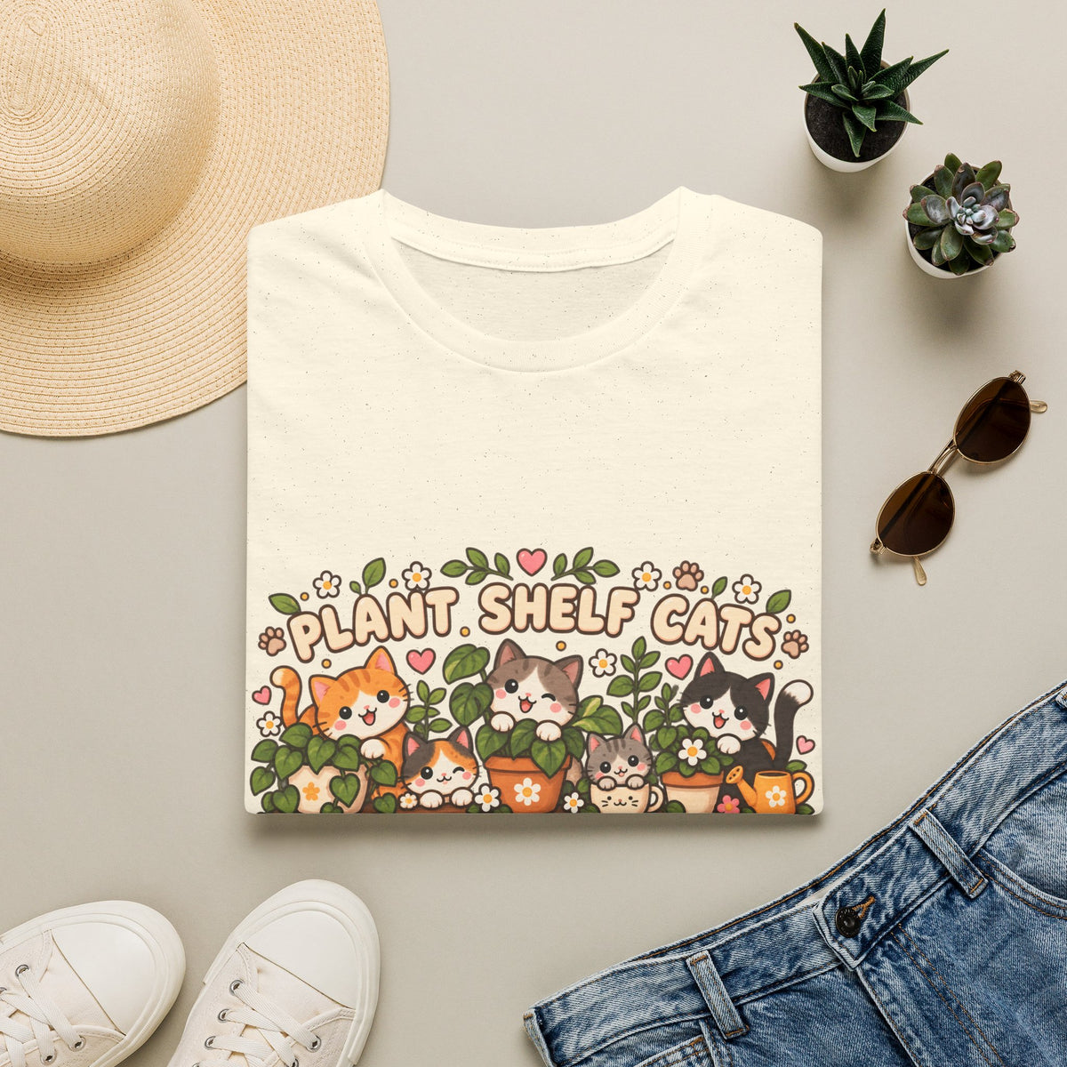 Plant Shelf Cats T-Shirt — Cute Houseplant & Cat Graphic Tee