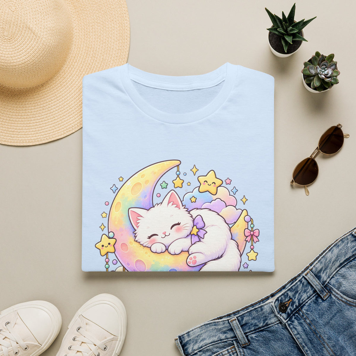 Moon Cat T-Shirt — Cute Sleeping Kitty on Crescent Moon