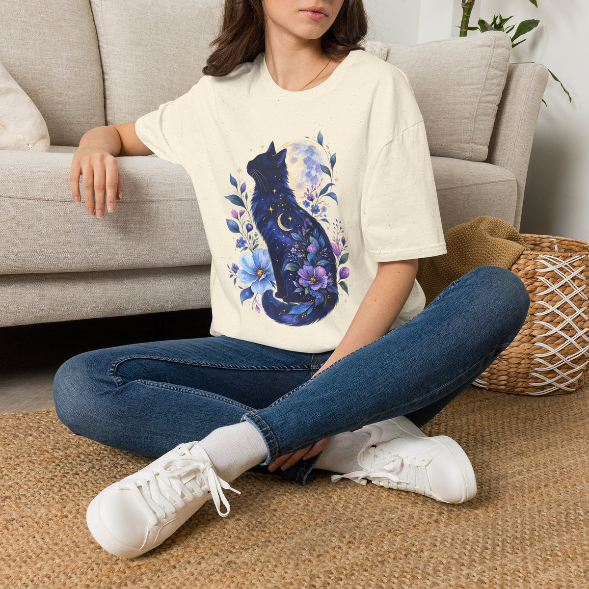 Moonlit Cat T-Shirt — Night Sky Floral Cat Silhouette Tee