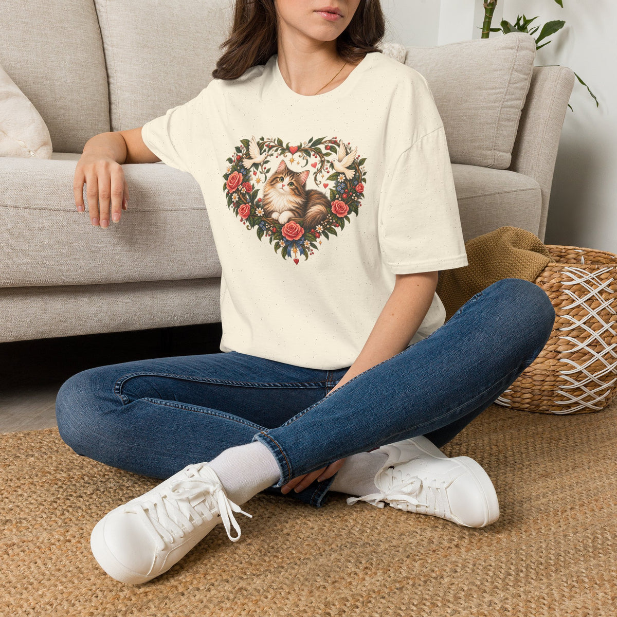 Cat Heart Floral T-Shirt — Vintage Rose & Dove Kitty Tee