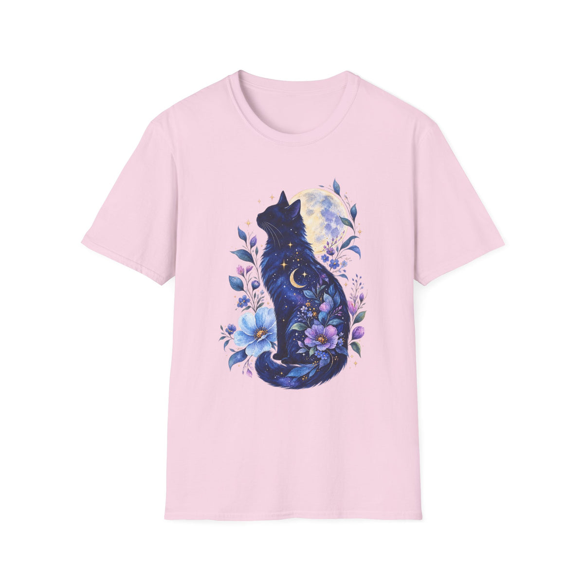 Moonlit Cat T-Shirt — Night Sky Floral Cat Silhouette Tee