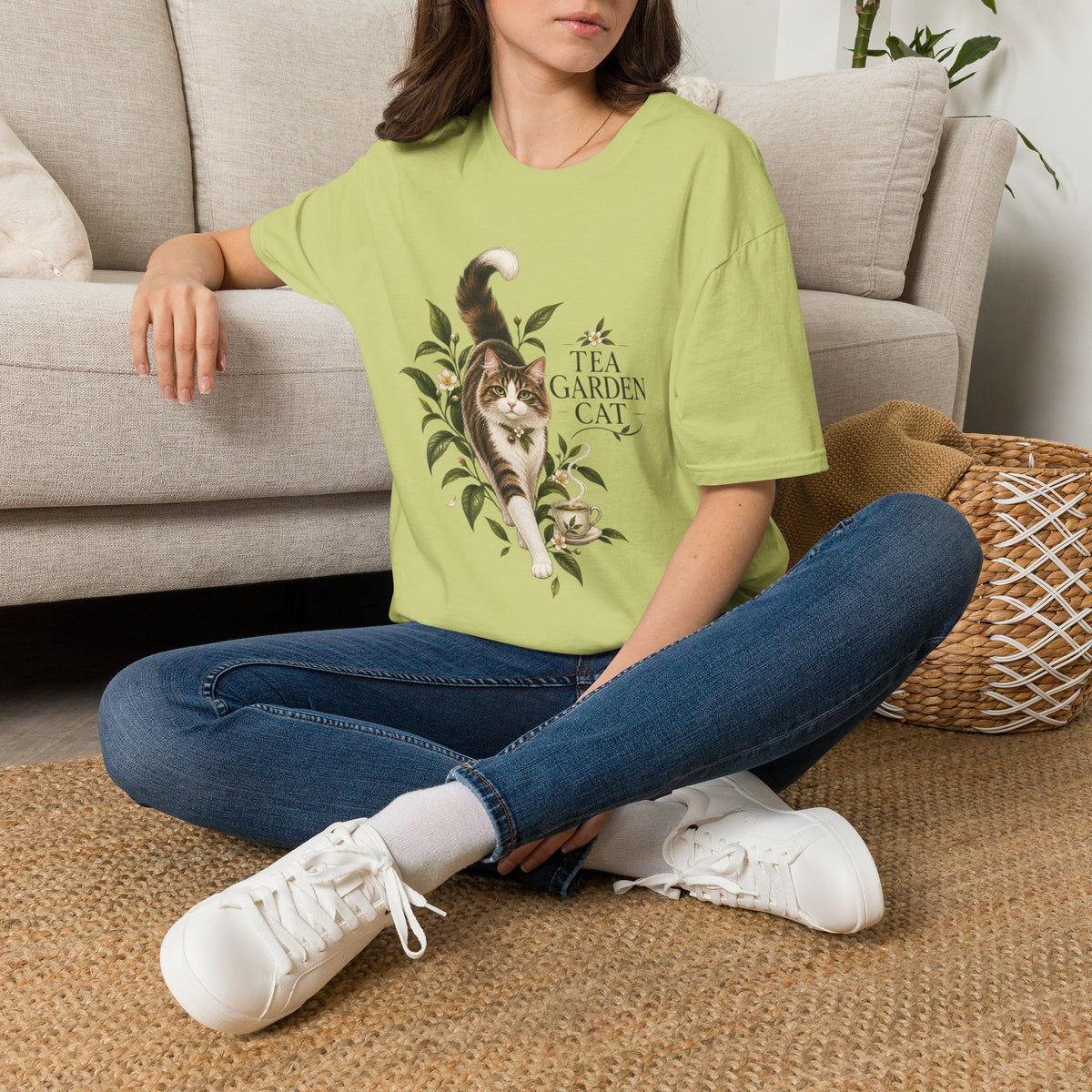 Tea Garden Cat T-Shirt — Cute Floral Cat Illustration Tee