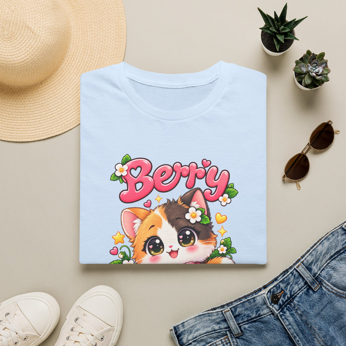 Cute Calico Cat 'Berry Cute' T-Shirt — Kawaii Fruit & Floral Graphic Tee