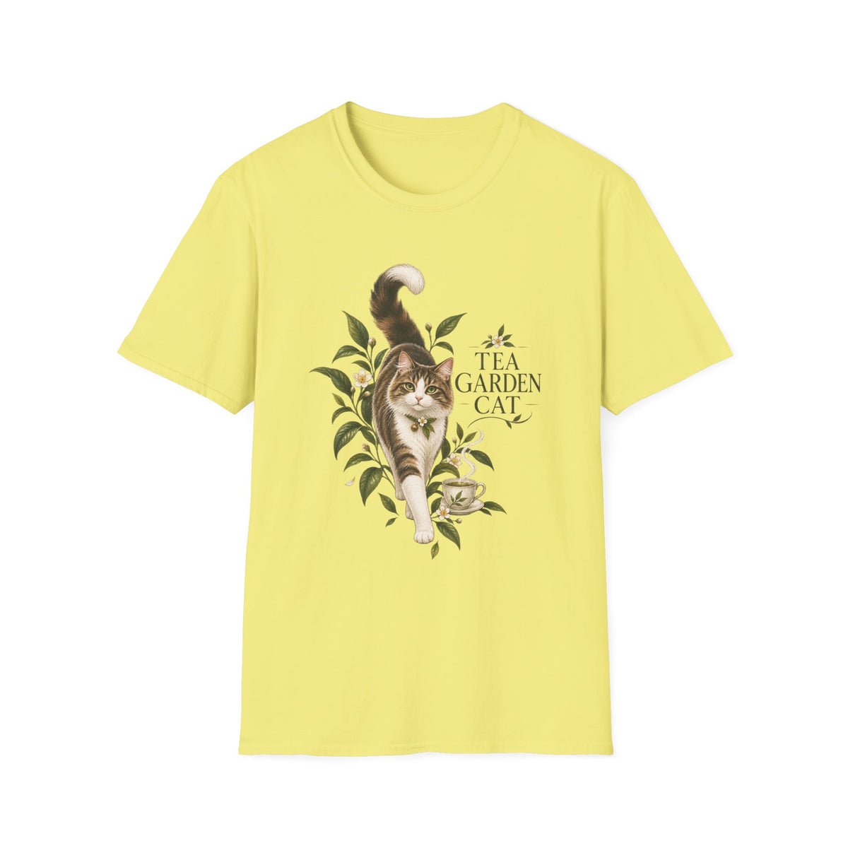 Tea Garden Cat T-Shirt — Cute Floral Cat Illustration Tee