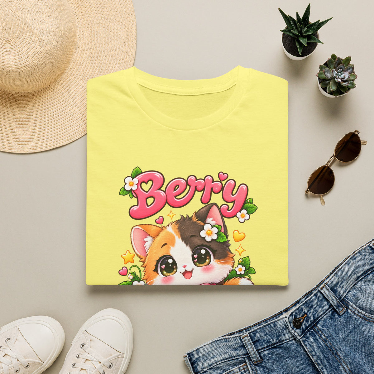 Cute Calico Cat 'Berry Cute' T-Shirt — Kawaii Fruit & Floral Graphic Tee