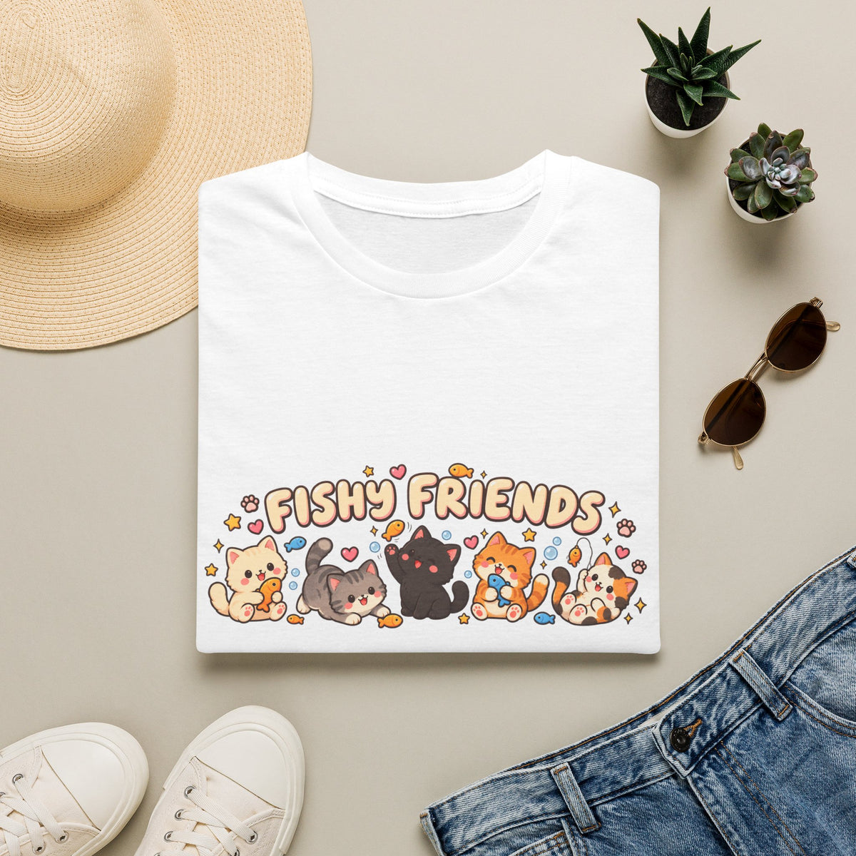 T-Shirt — Cute "Fishy Friends" Cat Graphic Tee | Kawaii Cat Lover Gift