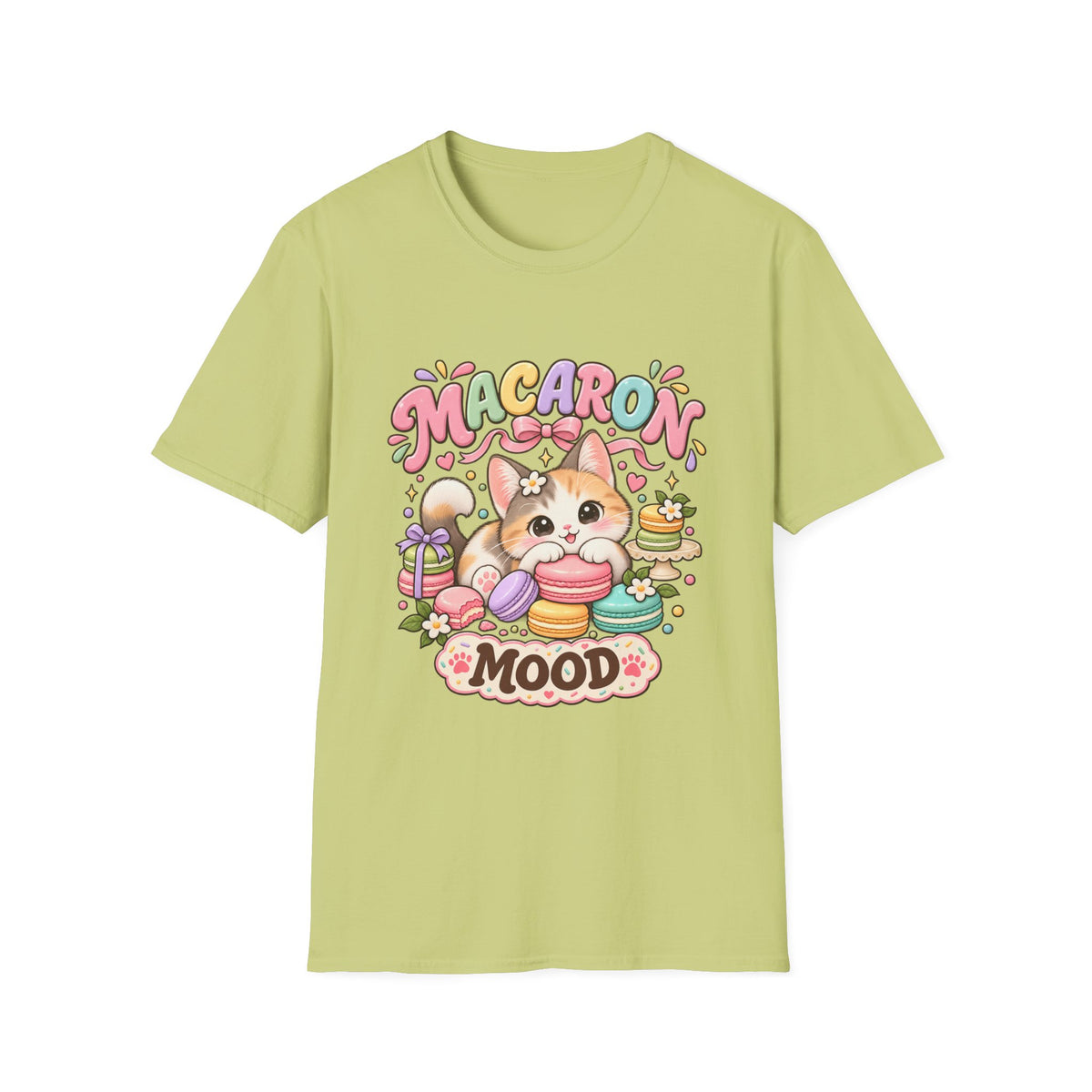 Macaron Mood T‑Shirt — Cute Kawaii Cat with Macarons Graphic