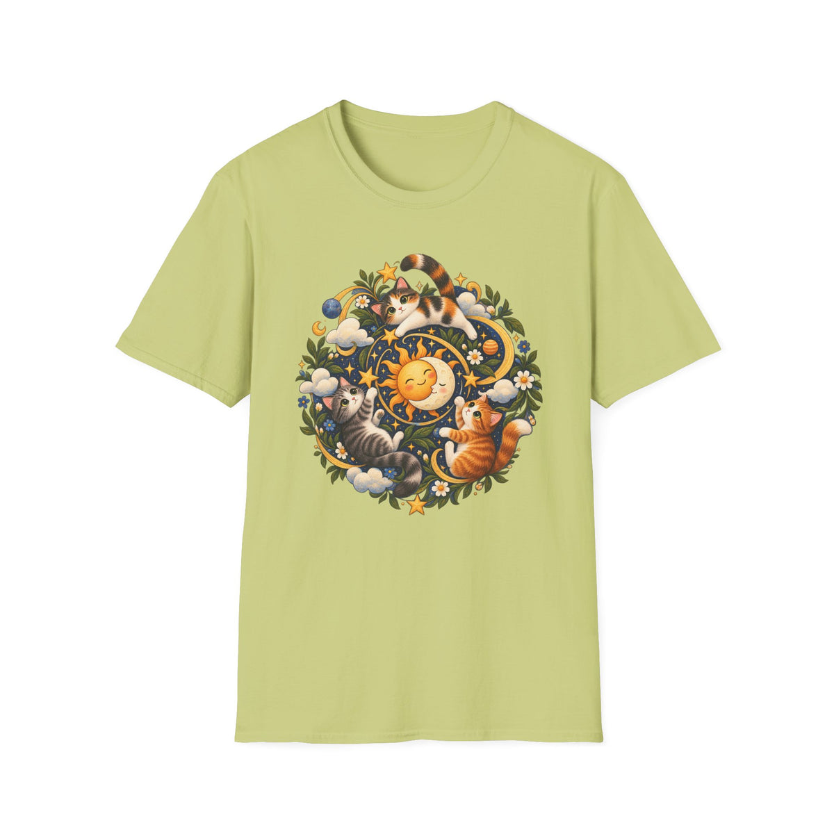 Celestial Cat Graphic Tee — Sun, Moon & Floral Vintage-Inspired T-Shirt