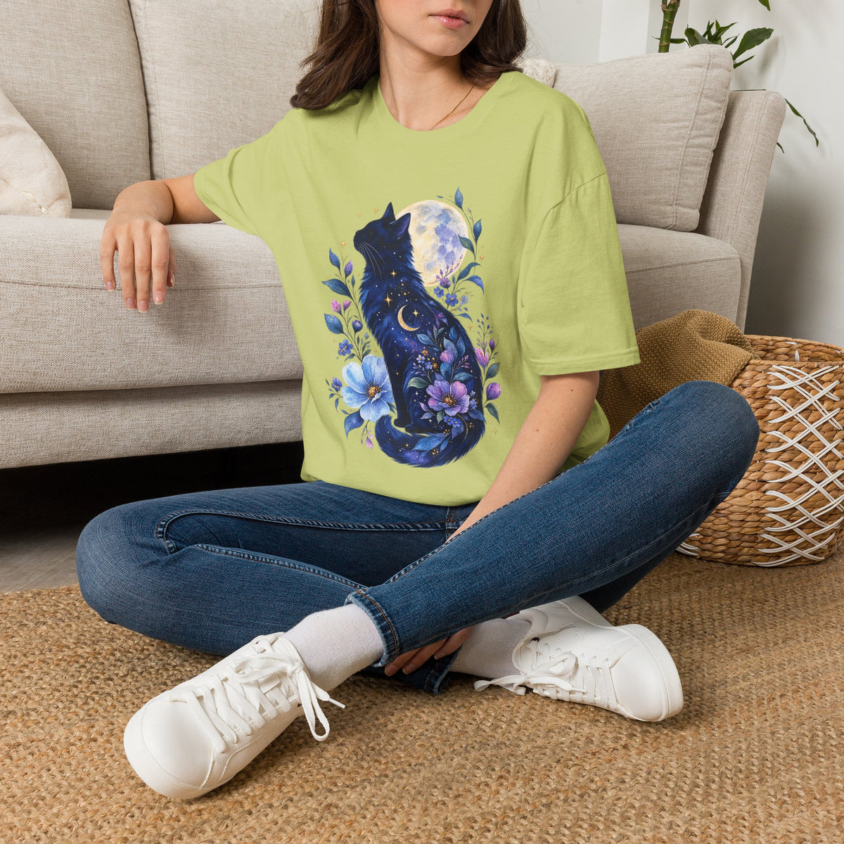 Moonlit Cat T-Shirt — Night Sky Floral Cat Silhouette Tee