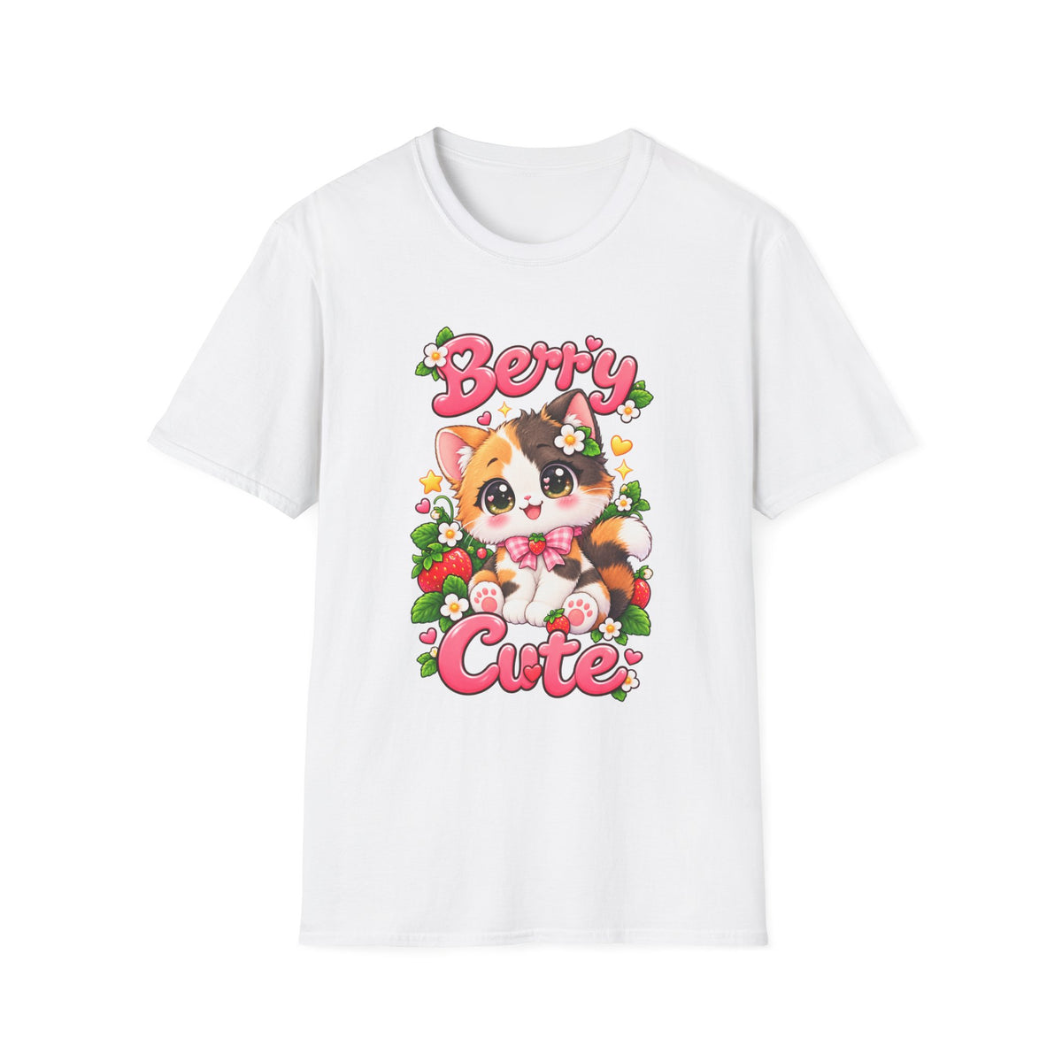 Cute Calico Cat 'Berry Cute' T-Shirt — Kawaii Fruit & Floral Graphic Tee