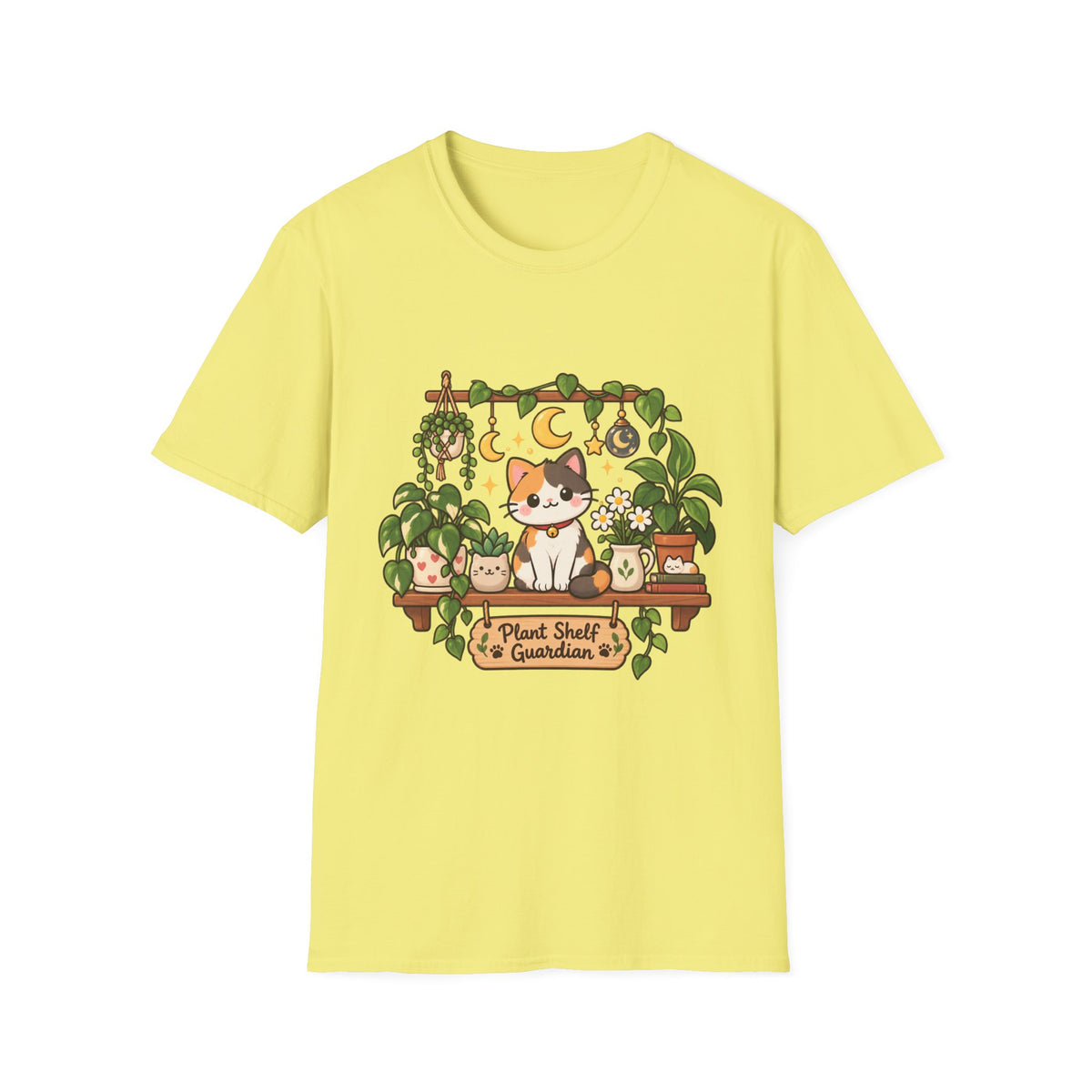 Plant Mom Cat T-Shirt — Calico Cat Among Houseplants with 'Plant Stuff + Gratitude' Design