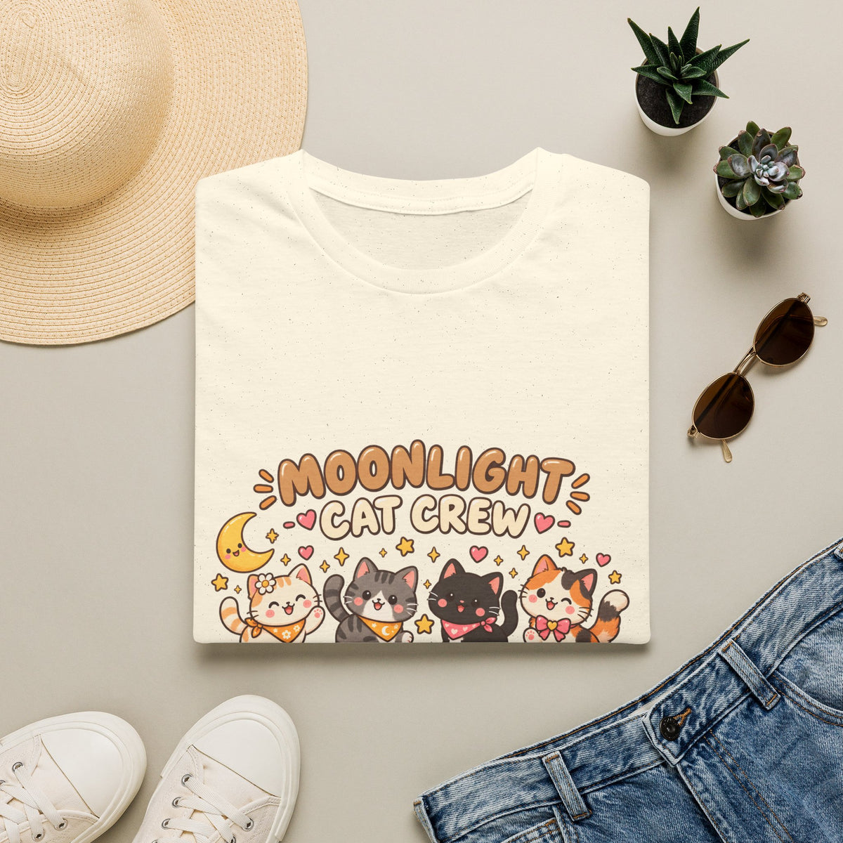 Moonlight Cat Crew T-Shirt — Cute Kawaii Cat Graphic Tee