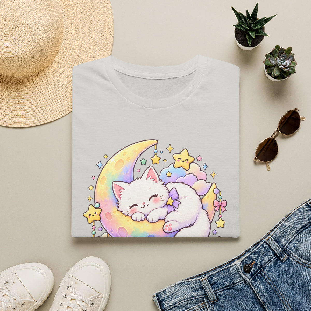 Moon Cat T-Shirt — Cute Sleeping Kitty on Crescent Moon