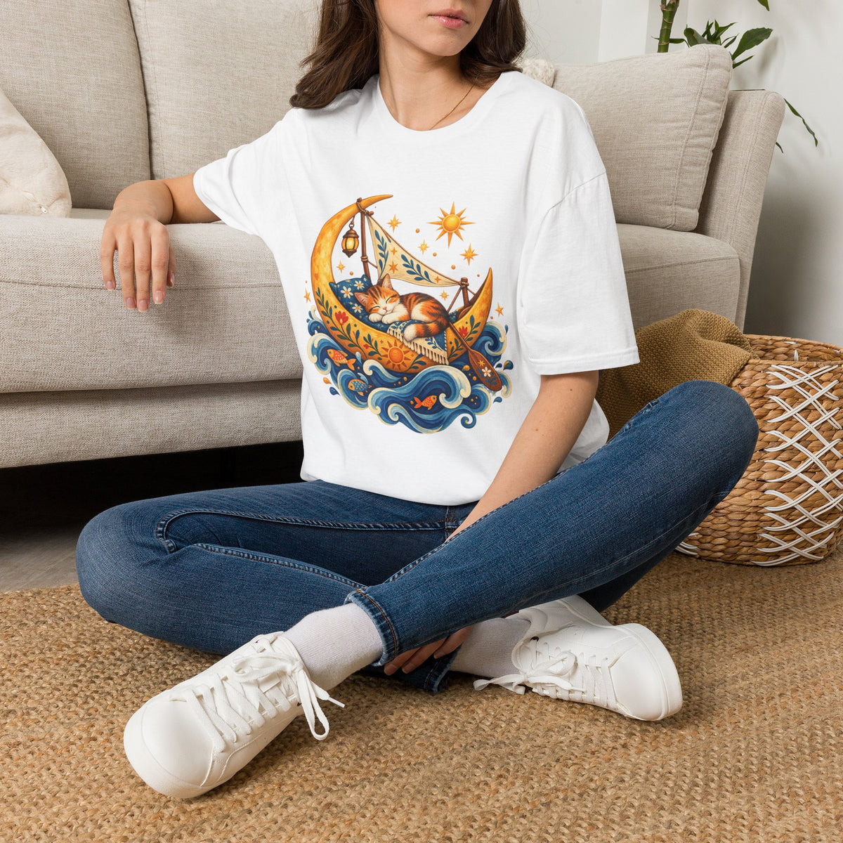 Cat on Crescent Moon T-Shirt — Whimsical Sleepy Cat Boho Tee