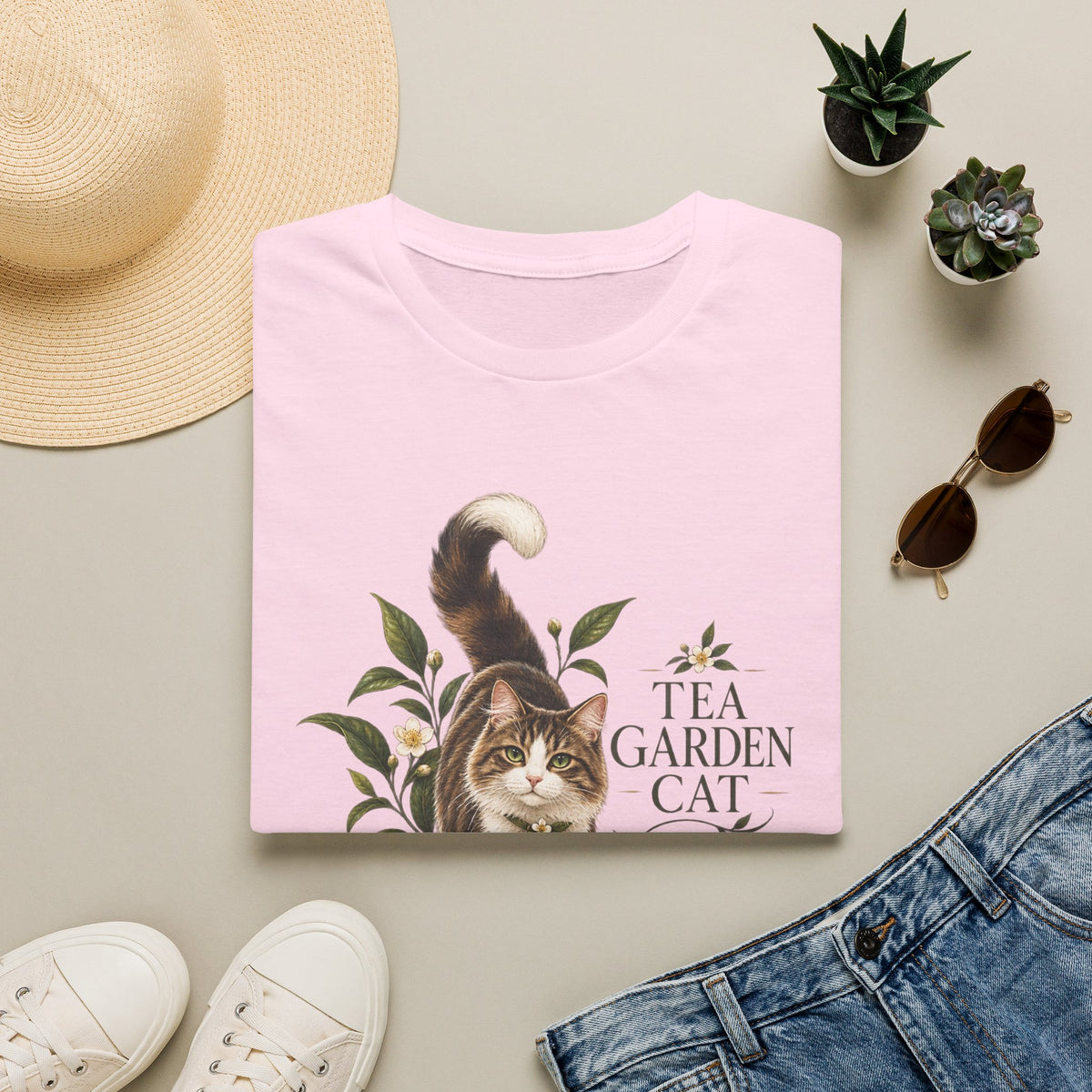 Tea Garden Cat T-Shirt — Cute Floral Cat Illustration Tee