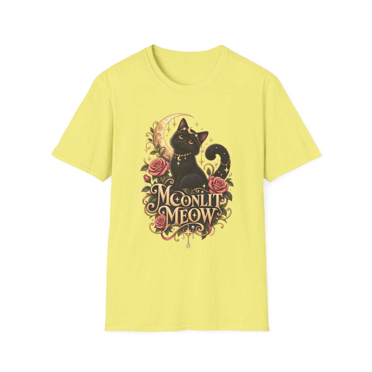 Moonlit Meow T-Shirt — Black Cat with Crescent Moon & Roses