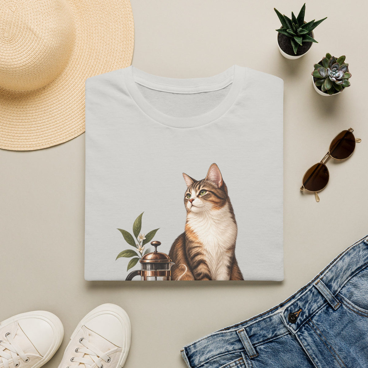 Cat & French Press T-Shirt — Cozy Coffee Lover Cat Tee
