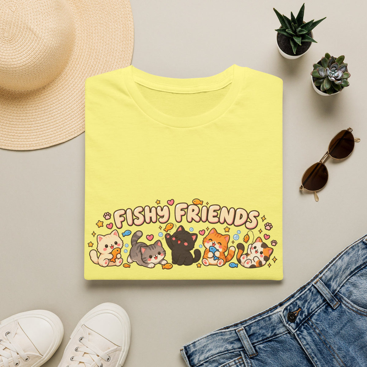 T-Shirt — Cute "Fishy Friends" Cat Graphic Tee | Kawaii Cat Lover Gift