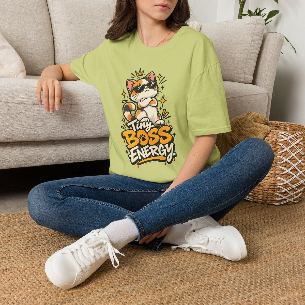 Tiny Boss Energy Cat T-Shirt — Cute Cat with Sunglasses Graphic