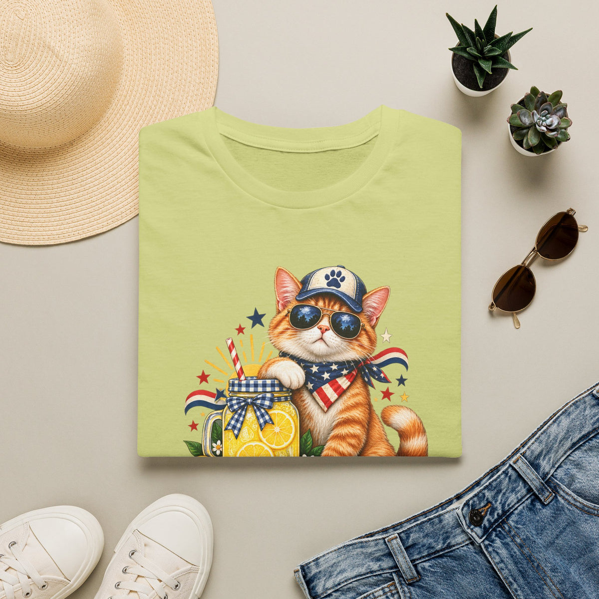 Patriotic Cat Lemonade Stand T-Shirt — "Lemonade Stand Security" Cute 4th of July Tee