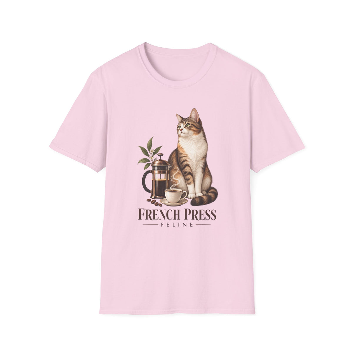 Cat & French Press T-Shirt — Cozy Coffee Lover Cat Tee