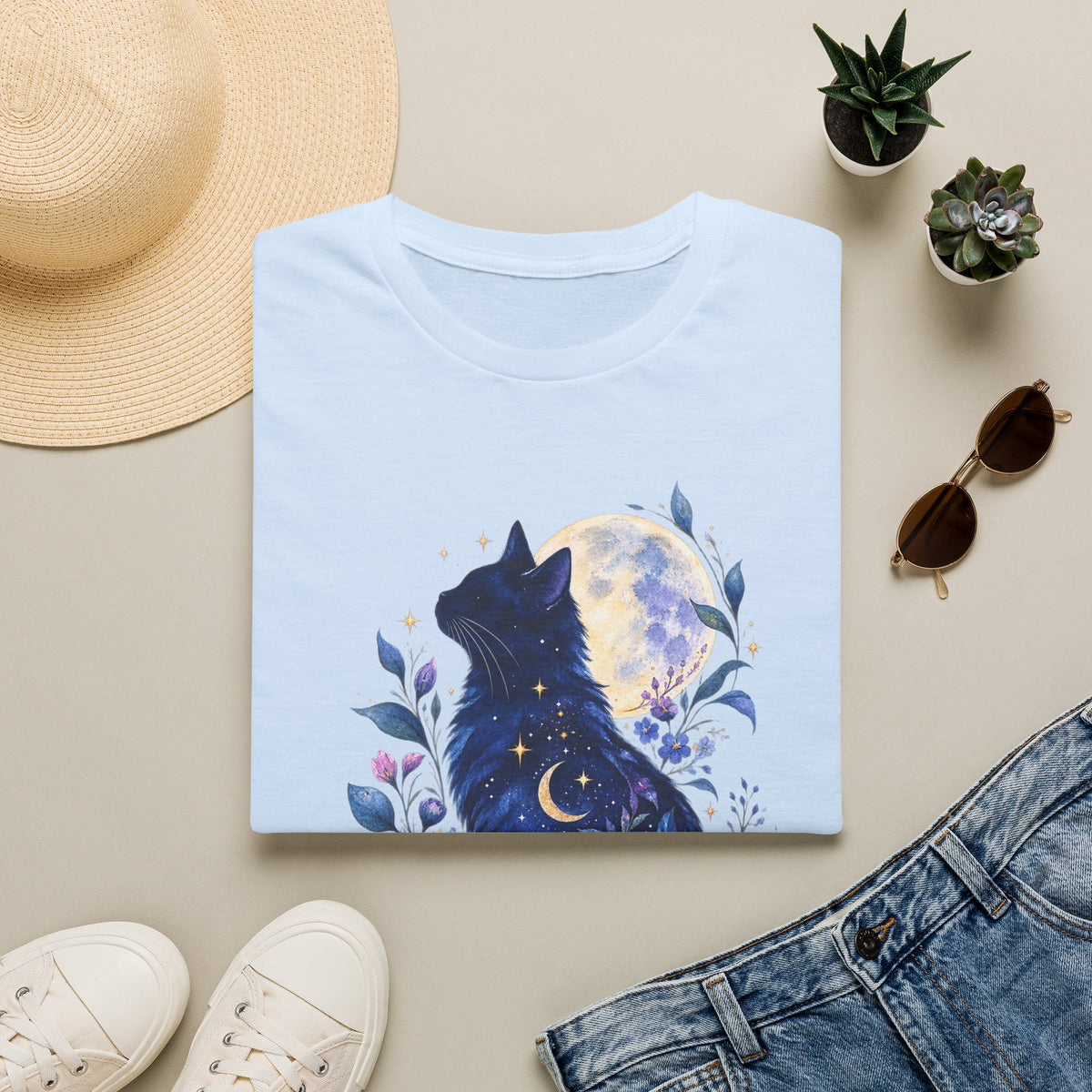 Moonlit Cat T-Shirt — Night Sky Floral Cat Silhouette Tee