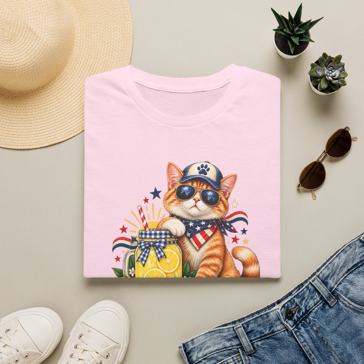 Patriotic Cat Lemonade Stand T-Shirt — "Lemonade Stand Security" Cute 4th of July Tee
