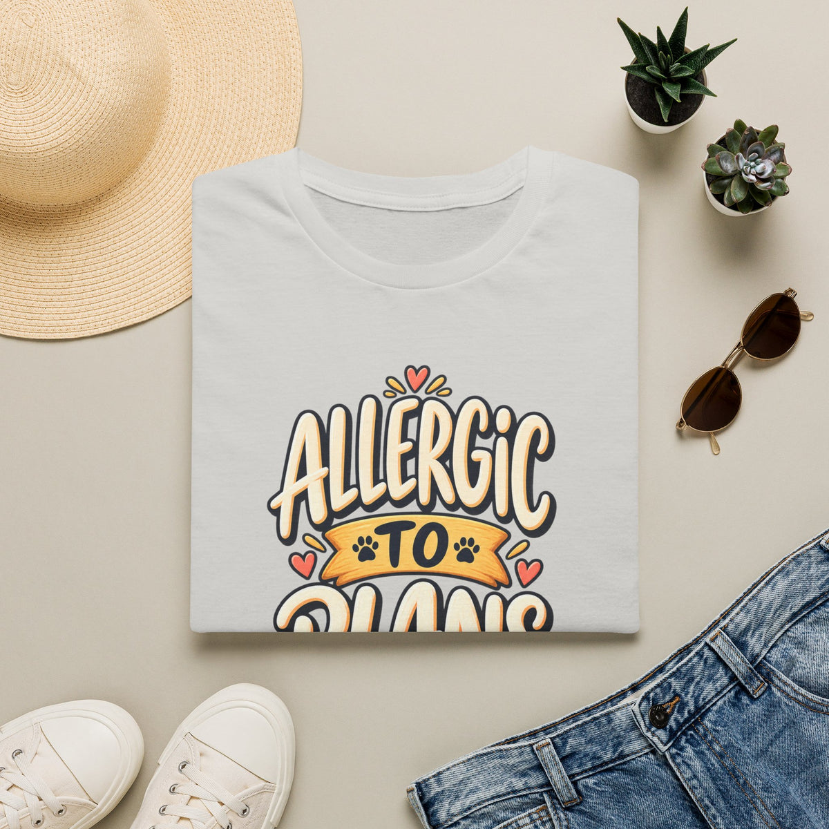 T-Shirt — "Allergic to Plans" Cute Cat Graphic Tee