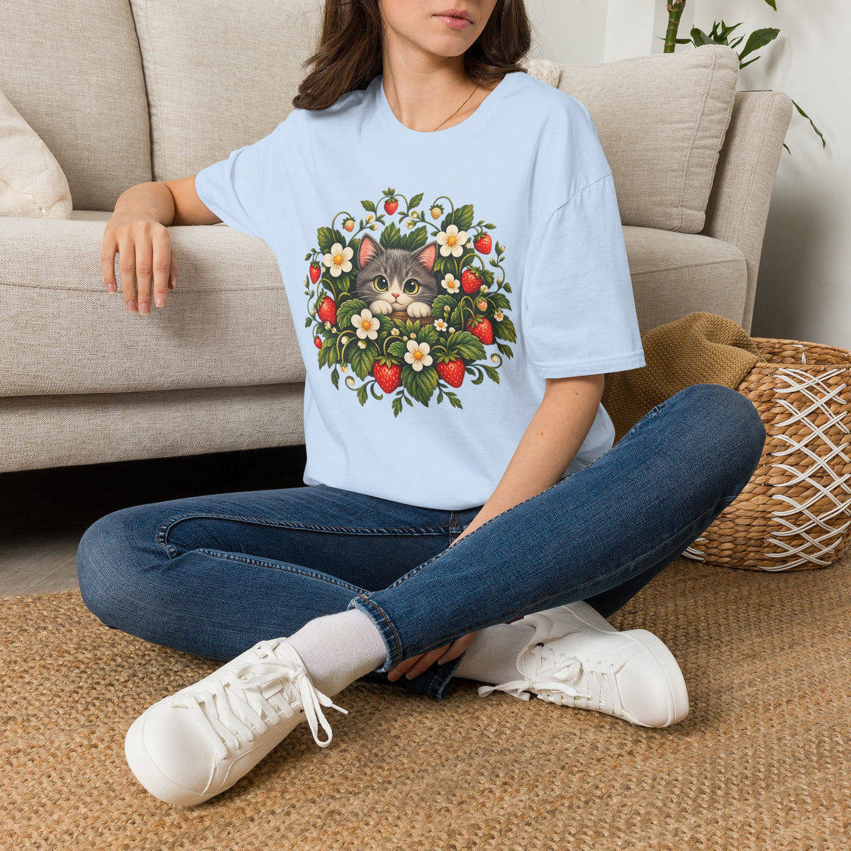 Cat in Strawberry Patch T-Shirt — Cute Floral Kitten Graphic Tee