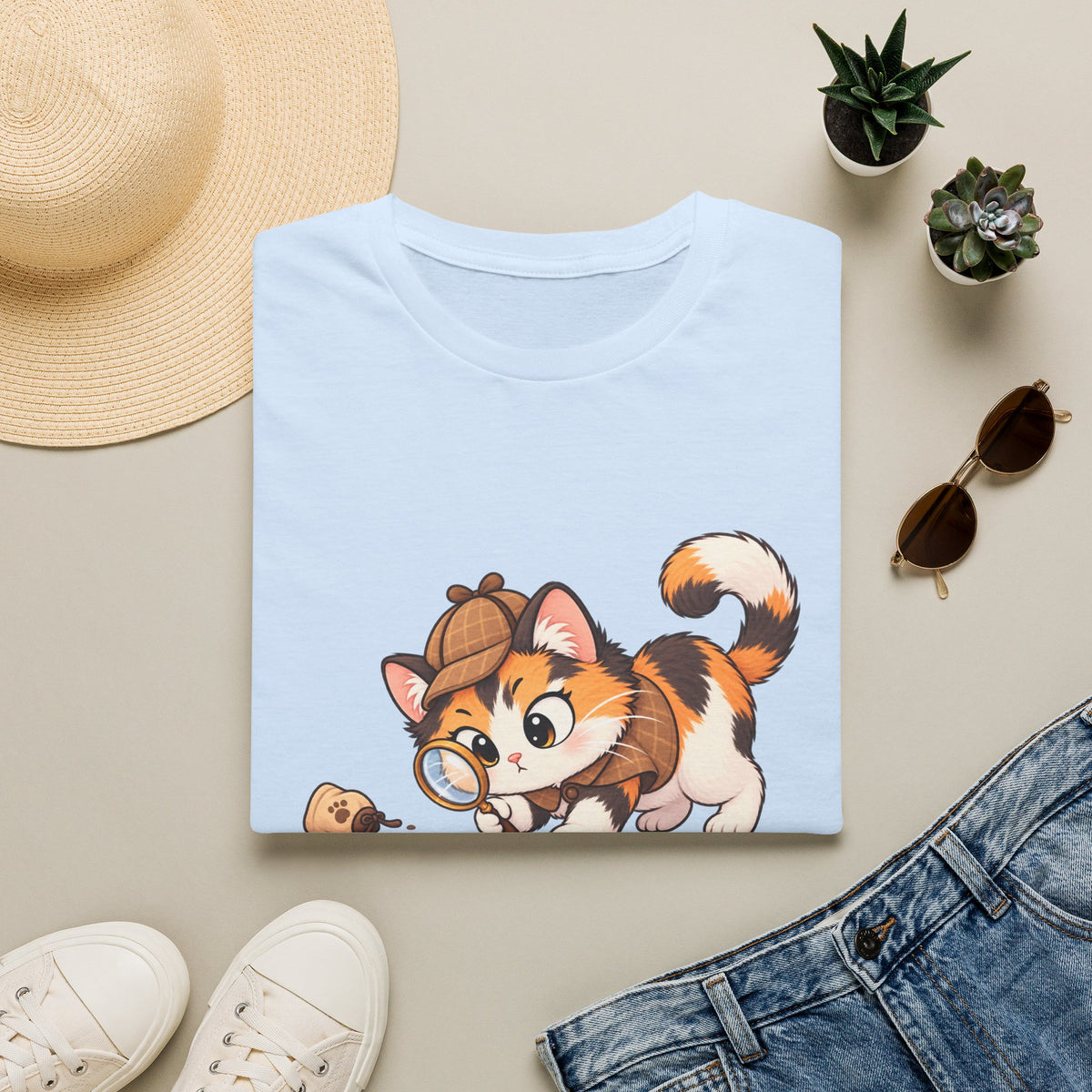 Detective Kitten T‑Shirt — Cute Calico Cat in Sherlock Hat Tee