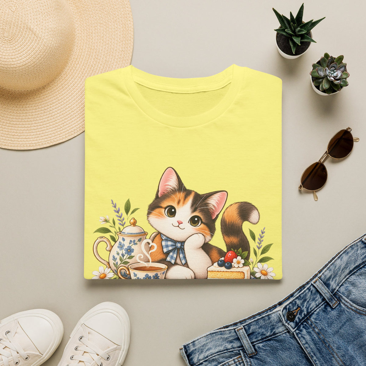 Tea Cake Cat T‑Shirt — Cute Calico Kitten Tea & Cake Graphic Tee