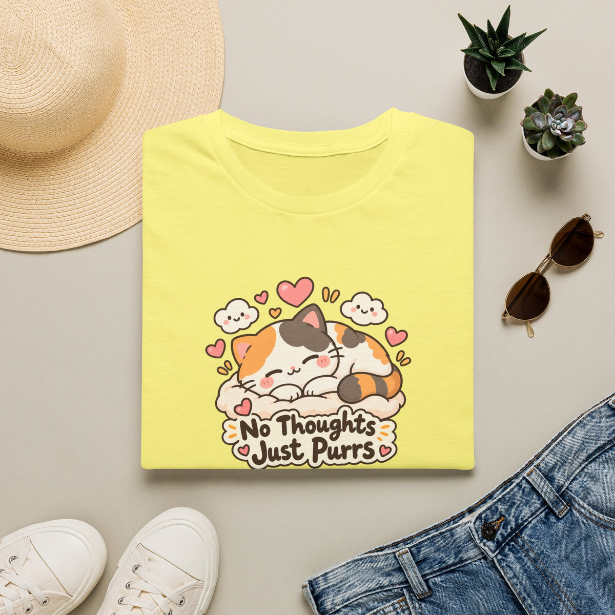 Cat T-Shirt — "No Thoughts Just Purrs" Cute Calico Sleeping Kitty Tee