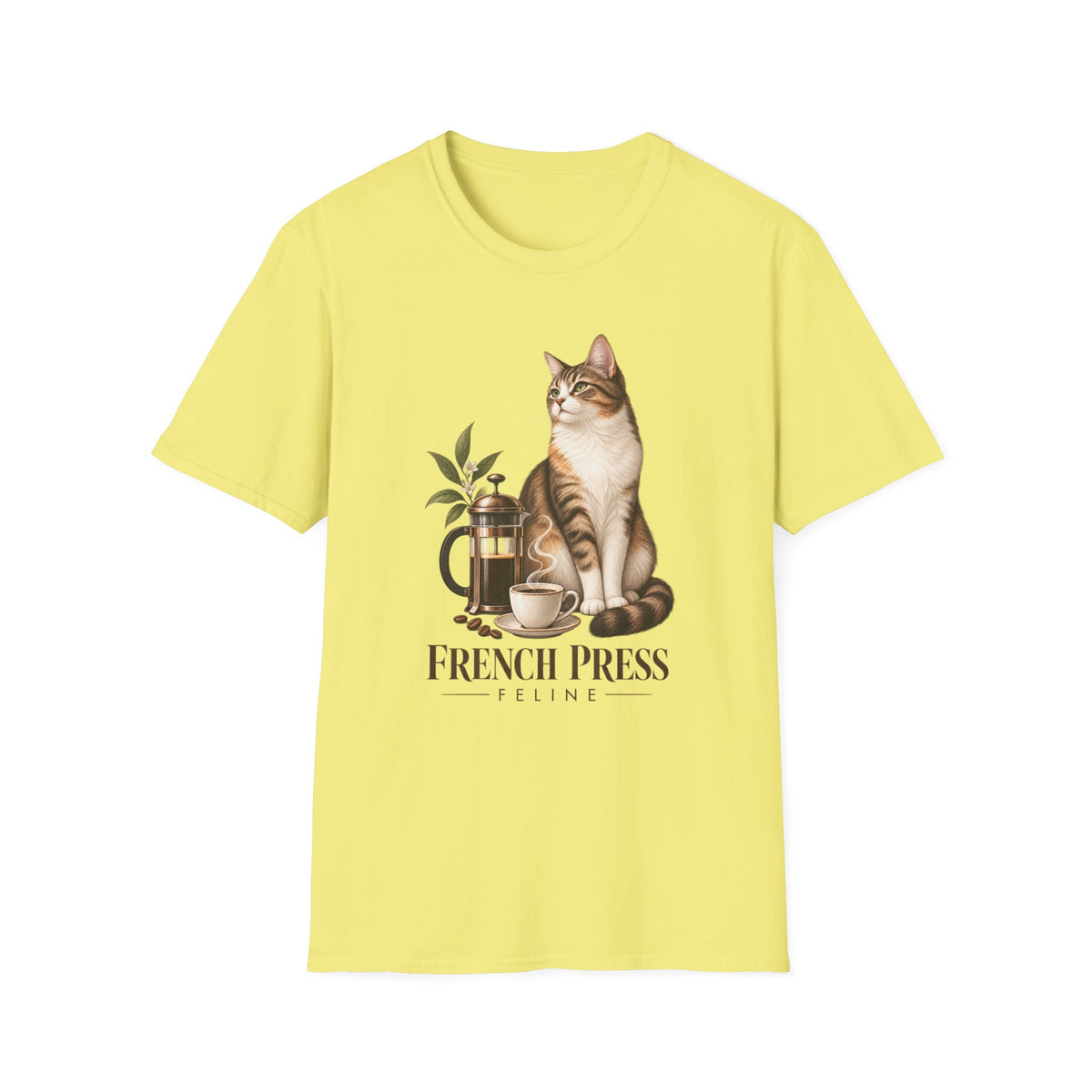 Cat & French Press T-Shirt — Cozy Coffee Lover Cat Tee