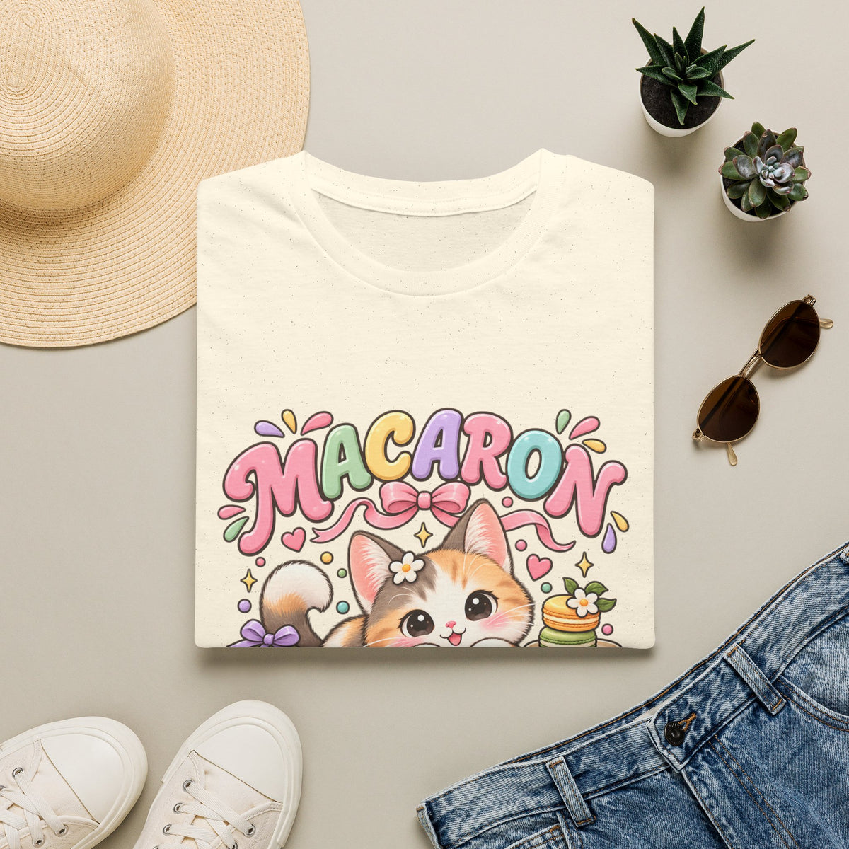 Macaron Mood T‑Shirt — Cute Kawaii Cat with Macarons Graphic