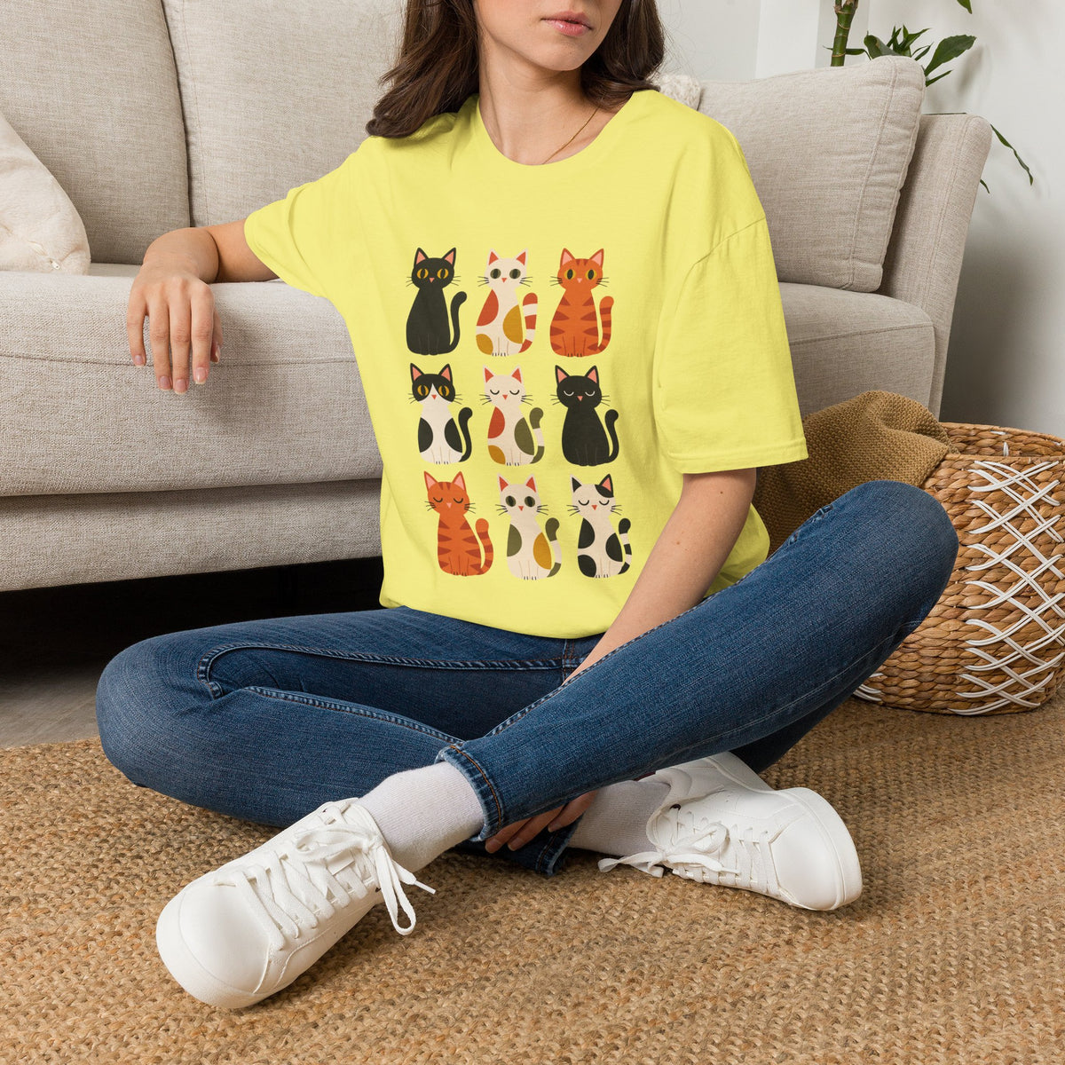 Cat Pattern T‑Shirt — Cute Row of Cartoon Cats Graphic Tee